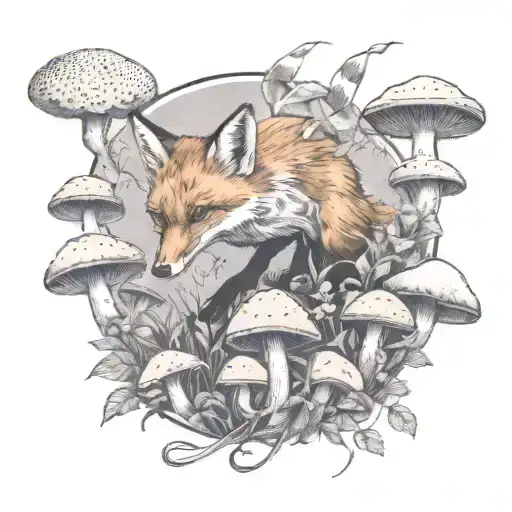 Fox Leap Into Field Of Mushrooms Tied With A Ribbon