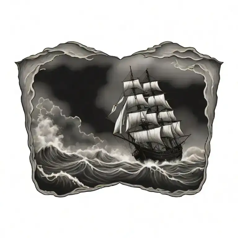 Wooden Ship Sailing Through Stormy Seas