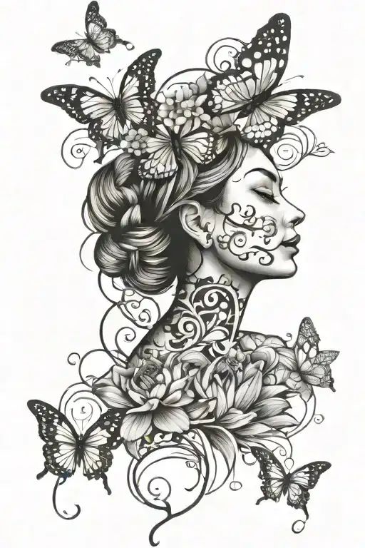 Lotus Flowers With Vines And Butterflies And Woman Face Incorporated