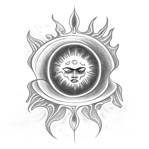 A Black-grey Tattoo Of A Witch's Hand Holding A Sun And A Moon