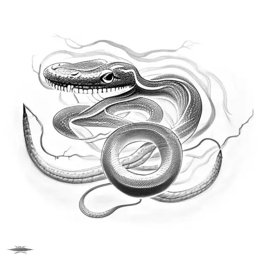 A Black-grey Tattoo Of A Snake Shedding Its Skin With A Backdrop Of Dark Clouds And Lightning