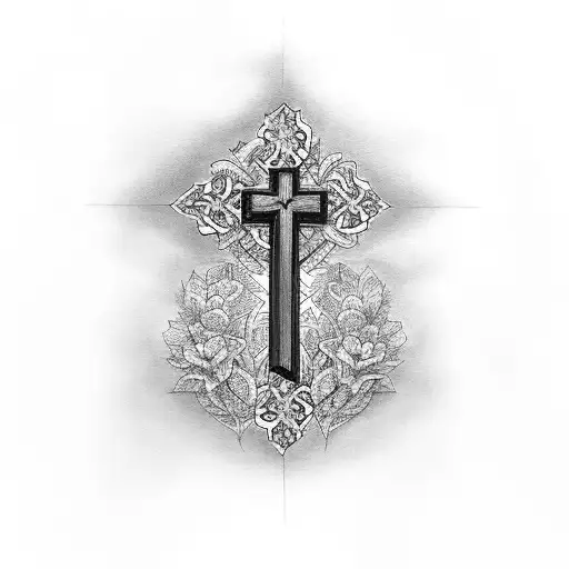 A Black And Grey Sketch Of A Cross Made Up Of Intricate Floral Patterns