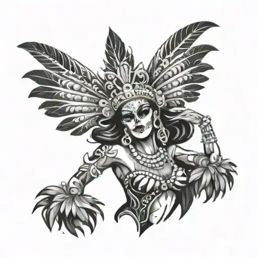 Create A Tattoo Of A Samba Dancer Wearing A Skull Headdress At A Carnival Parade