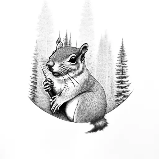 A Black-grey Tattoo Of A Serene Forest Landscape With A Hidden Squirrel And Bird