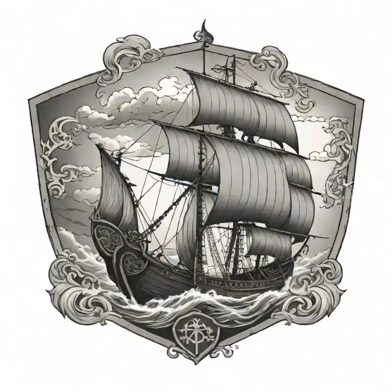 Viking Longship Sailing Through Stormy Seas With A Family Crest Flag Waving On The Mast