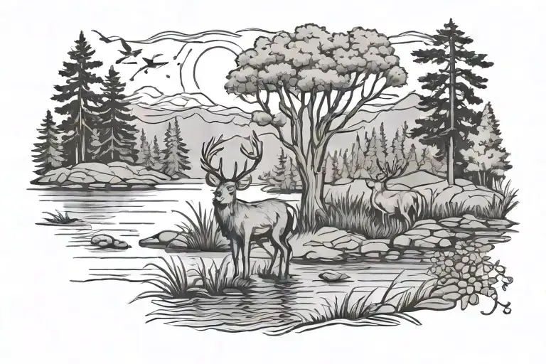 Woods And Lake Landscape With Deer And Fishing