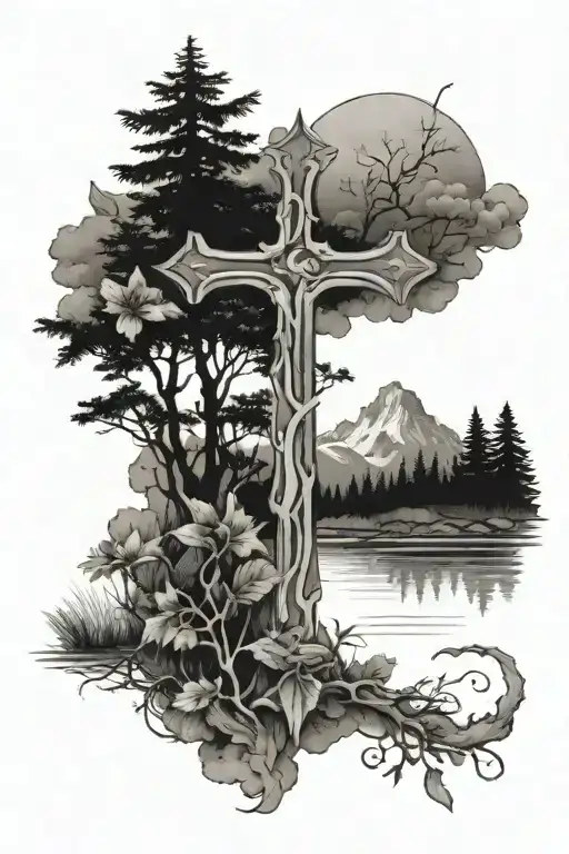 Cross Tattoo With Nature Scene