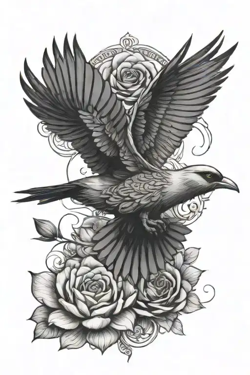 Soaring Bird With Roses And Lotus Flower
