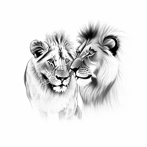 A Lion And Lioness Stand Under A Tree Guarding Their 4 Cubs