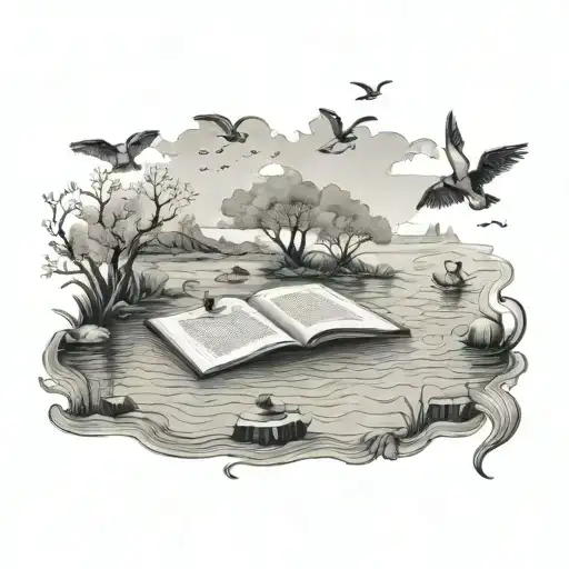 A Serene Lake With A Book Floating On The Water's Surface Surrounded By Animals