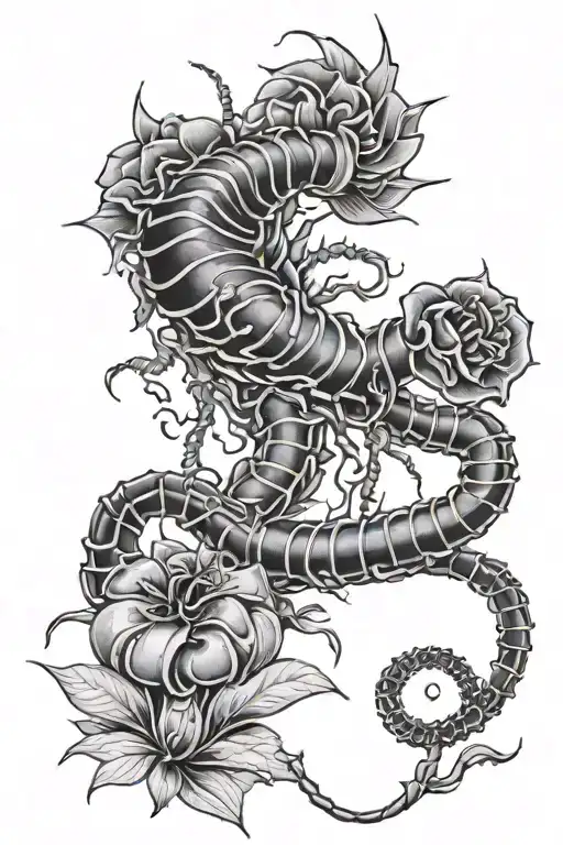 Black And White Centipede Wrapped Around A Red Higanbana Flower