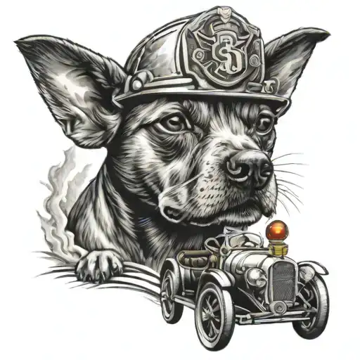 A Dog Driving A Vintage Car With A Firefighter's Helmet On