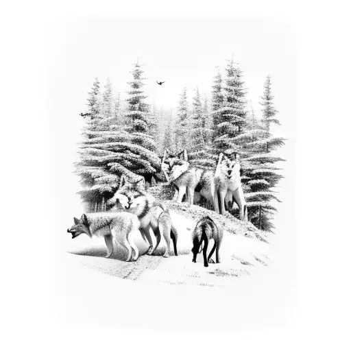 A Lifted Truck Driving Through A Forest With A Pack Of Wolves Running Alongside