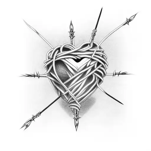 Line Art Tattoo Of A Heart Wrapped In A Barbed Wire