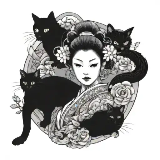 A Tattoo Design Of A Japanese Geisha Nurse Surrounded By Black Cats And Crochet Patterns