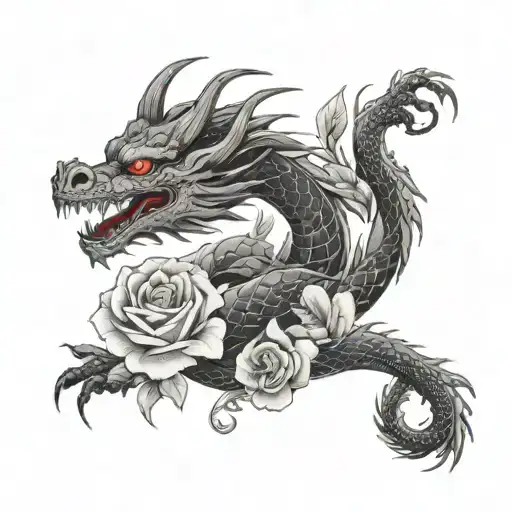A Dragon Tattoo With Japanese Kanji Characters Intertwined With Roses
