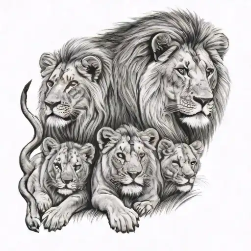 Lion Family With 3 Cubs