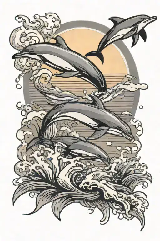 Dolphins Jumping With Sunset