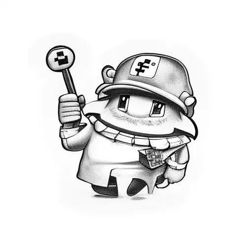 A Black And Grey Tattoo Of A Gamer Character Holding A Sign That Says 'Support'