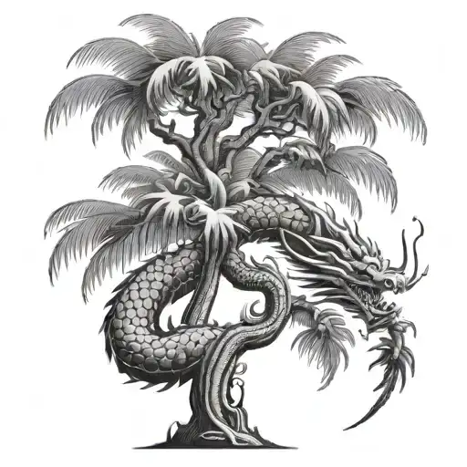 Palm Tree With Chinese Dragon Wrapped Around Tree