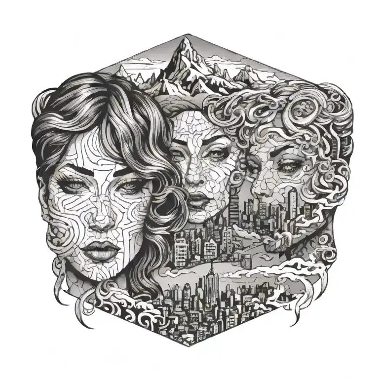 2 Womans Faces Looking Each Other One Morphs Into A City And The Other Morphs Into Mountains