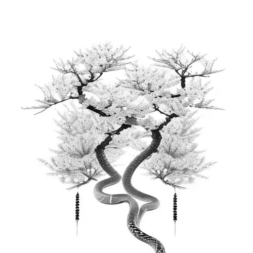 Sakura Tree And Snake On The Side Of The Neck And Shoulder