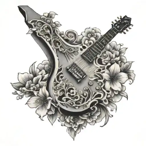 A Detailed Mechanical Guitar With Japanese Cherry Blossoms