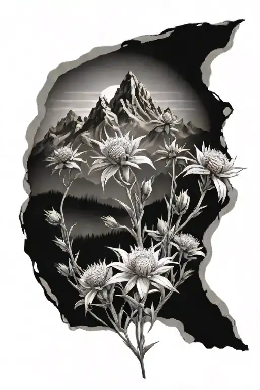 Field Of Edelweiss Flowers In Front Of Mountain Range