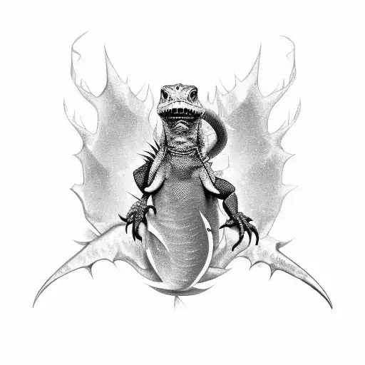 A Dragon Iguana Breathing Fire In The Shape Of Weapons