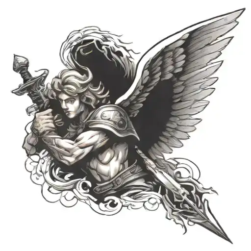 Angel With Open Wings With A Sword In The Middle With Lightning