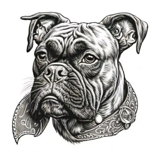 A Realistic Portrait Of A Boxer Dog Wearing A Harley Davidson Bandana