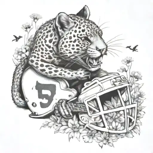 Surrounded By Dandelions There Is A Panther Playing A Guitar With A Football Helmet