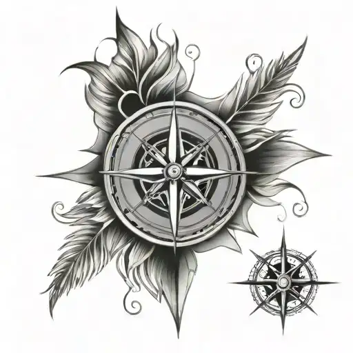 Design A Tattoo Showcasing A Compass Rose With Each Point Made Of A Different Type Of Plume