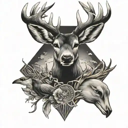 A Hunter's Silhouette With A Deer And Duck Trophy On Each Side