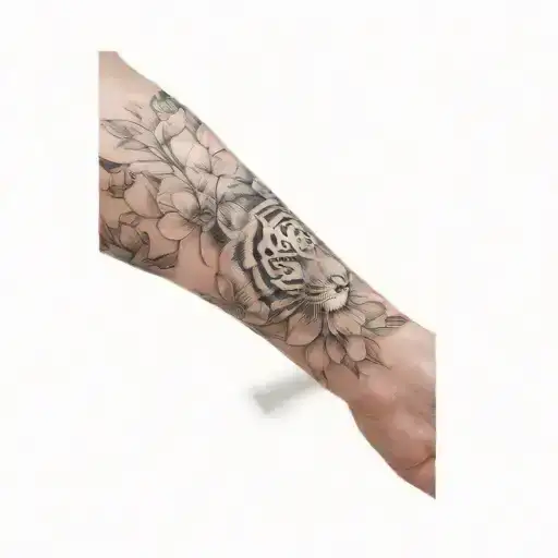 A Tattoo Of Flowers And A Tiger