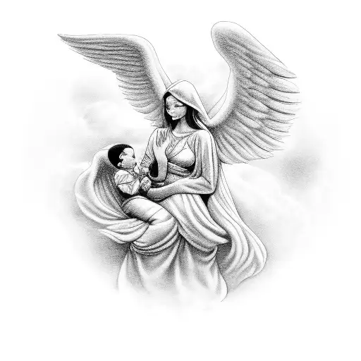 A Mother Angel Holding A Baby In The Sky