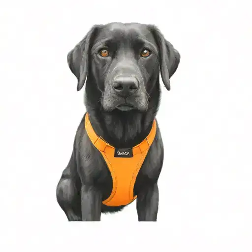 A Black Dog Wearing An Orange Harness