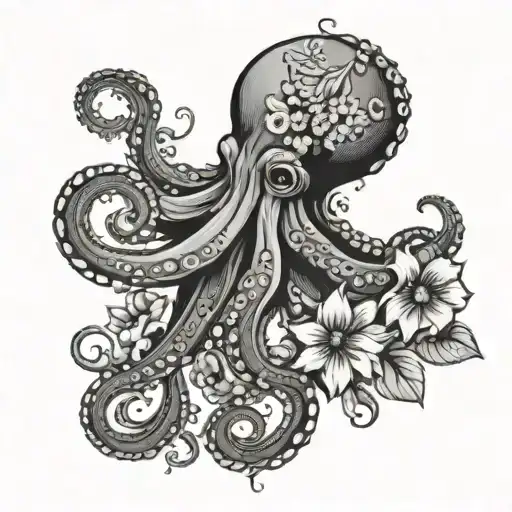 Botanical Octopus With Flowers And Leaves