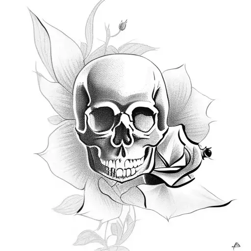 Skull With Rose With Two Daisies With Morning Glory