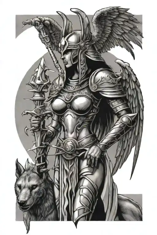Female Angel Holding Sword Wear Armor And A Winged Helmet Standing Beside Anubis