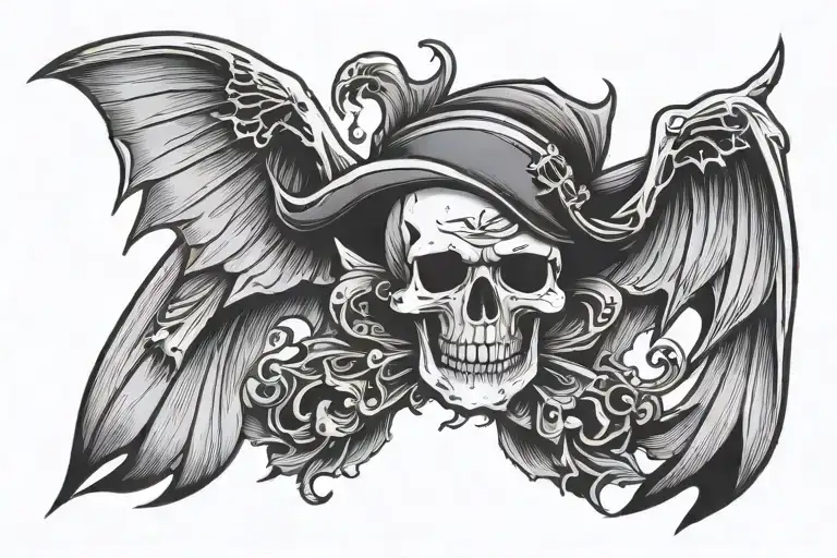 Pirate Skull With Bat Wings Wide