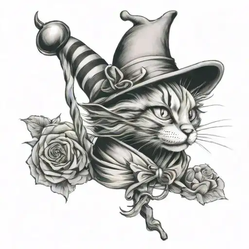 A Realistic Portrait Tattoo Of Chesire From Alice In Wonderland With A Harry Potter Wand