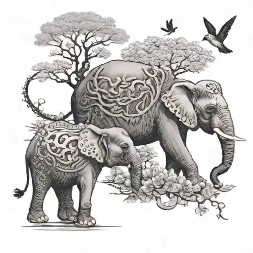 3 Elephant's Walking With Swallows And A Cherry Blossom Tree