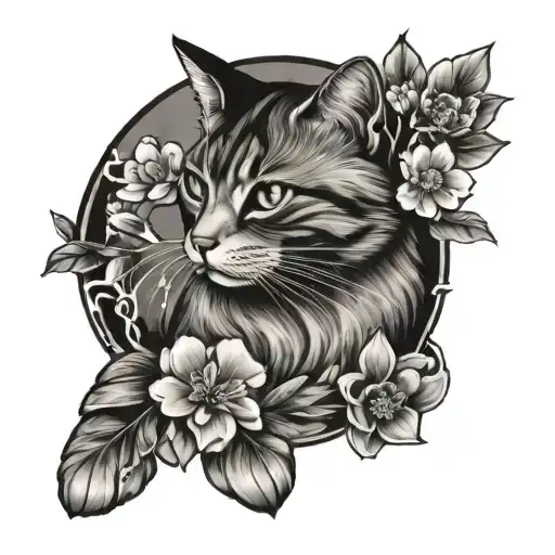 A Unique Tattoo Design Combining A Cat And Sakura Flowers In A Black-grey Style