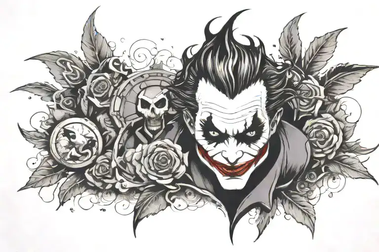A Dark And Moody Tattoo Of The Joker's Silhouette Surrounded By Symbols Of Wealth And Power