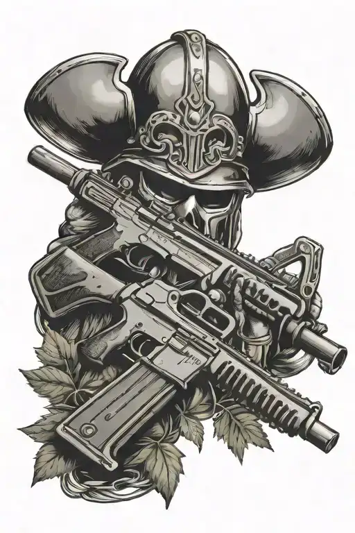 Pot Leaf Background With Two Crossed Rifles A Viking Helmet With A Gaming Controller