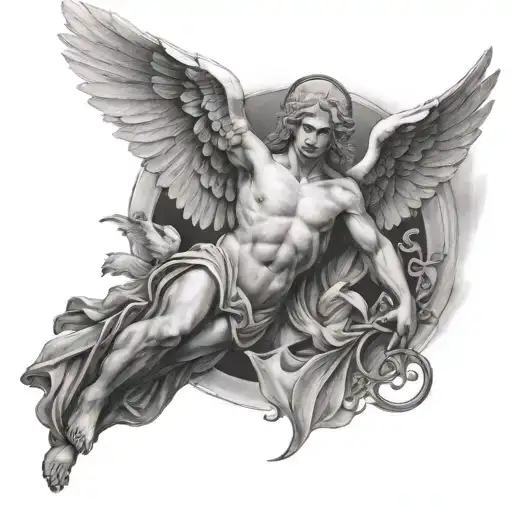 Forearm Male Angel Tattoo With Doves Flying Around