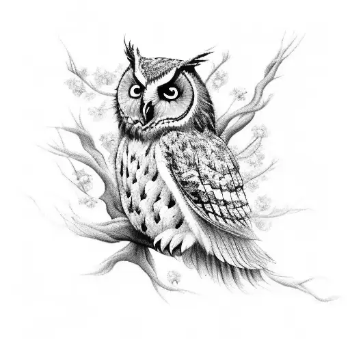 A Black-grey Tattoo Of A Majestic Owl Perched On A Branch With Blooming Flowers