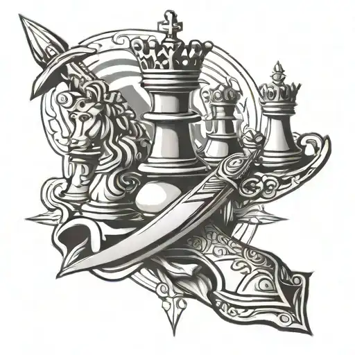 A Piece Of A King In Chess And A Sword Behind The Piece