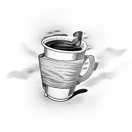 A Black-grey Tattoo Featuring A Sunset Over The Sea With A Coffee Cup In The Foreground